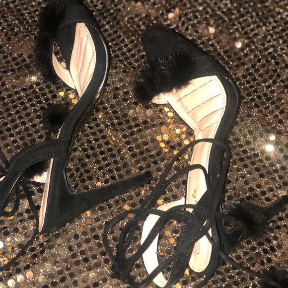 Women’s  Black Faux Fur & Suede Lace-Up Sandal - Picture 2 of 8